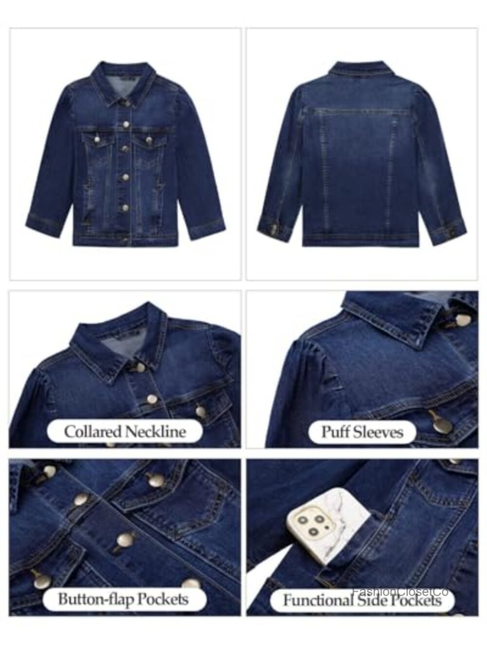 Cropped Denim Jacket Stretchy 3/4 Puff Sleeve Distressed Shacket with Pockets - Picture 5 of 6